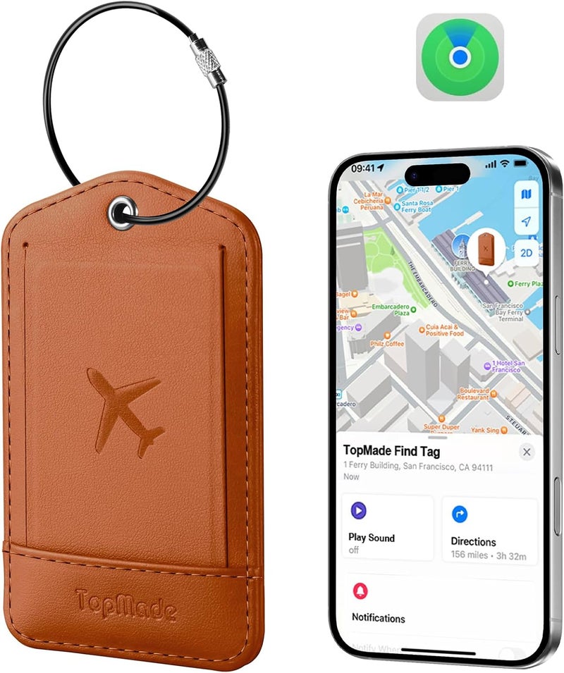 TopMade Smart Luggage Tag with Find My, Premium Leather Luggage Tags for Suitcase, Travel Bags, Backpacks, Anti-Lost Suitcase Tag Tracker for Travel with Privacy Name Card, Rechargeable - Image 1